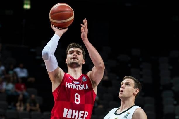 Mario Hezonja of Croatia shooting the ball during the 2020 FIBA Men's Olympic Qualifying Tournament game between Germany and Croatia at Spaladium...