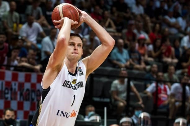 Johannes Voigtmann of Germany making a shot during the 2020 FIBA Men's Olympic Qualifying Tournament game between Germany and Croatia at Spaladium...