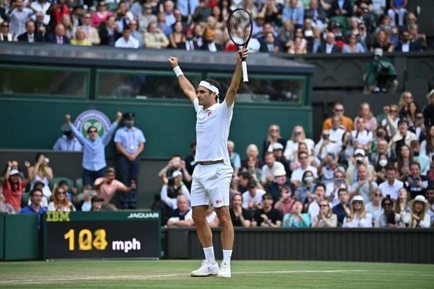 Switzerland's Roger Federer celebrates his victory over Britain's Cameron Norrie during their men's singles third round match on the sixth day of the...