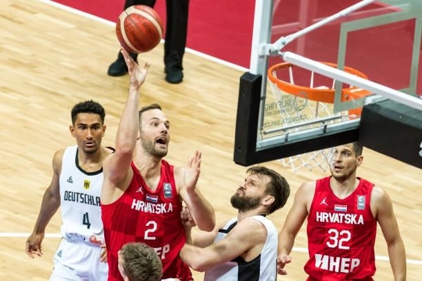 Miro Bilan of Croatia shooting the ball during the 2020 FIBA Men's Olympic Qualifying Tournament game between Germany and Croatia at Spaladium Arena...
