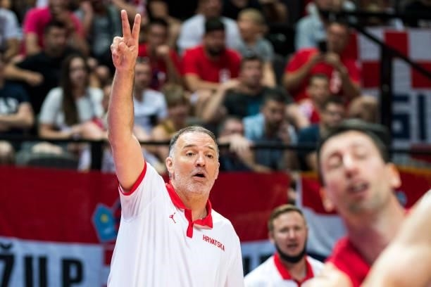 Croatias head coach Veljko Mrsic reacting during the 2020 FIBA Men's Olympic Qualifying Tournament game between Germany and Croatia at Spaladium...