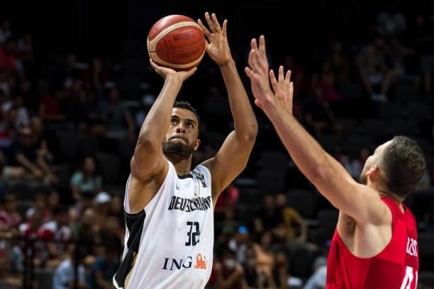 Johannes Thiemann of Germany making a shot during the 2020 FIBA Men's Olympic Qualifying Tournament game between Germany and Croatia at Spaladium...