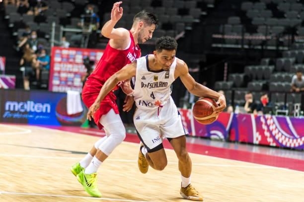 Maodo Lo of Germany dribbling the ball during the 2020 FIBA Men's Olympic Qualifying Tournament game between Germany and Croatia at Spaladium Arena...
