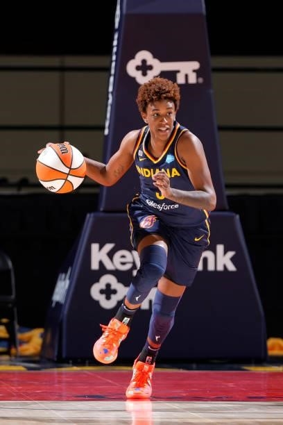 Danielle Robinson of the Indiana Fever handles the ball against the Connecticut Sun on July 3, 2021 at Indiana Farmers Coliseum in Indianapolis,...