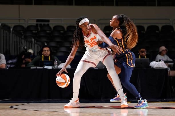 Jonquel Jones of the Connecticut Sun handles the ball against the Indiana Fever on July 3, 2021 at Indiana Farmers Coliseum in Indianapolis, Indiana....