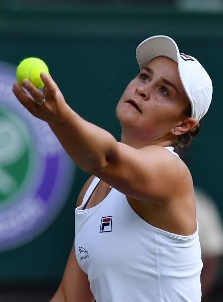 Australia's Ashleigh Barty serves against Czech Republic's Katerina Siniakova during their women's singles third round match on the sixth day of the...
