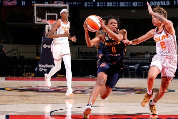 Kelsey Mitchell of the Indiana Fever drives to the basket against the Connecticut Sun on July 3, 2021 at Indiana Farmers Coliseum in Indianapolis,...