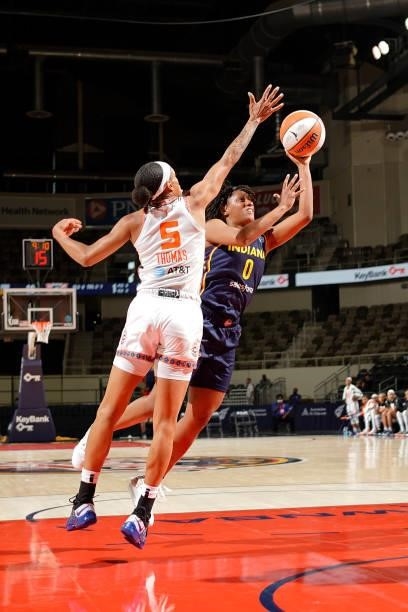 Kelsey Mitchell of the Indiana Fever shoots the ball against the Connecticut Sun on July 3, 2021 at Indiana Farmers Coliseum in Indianapolis,...