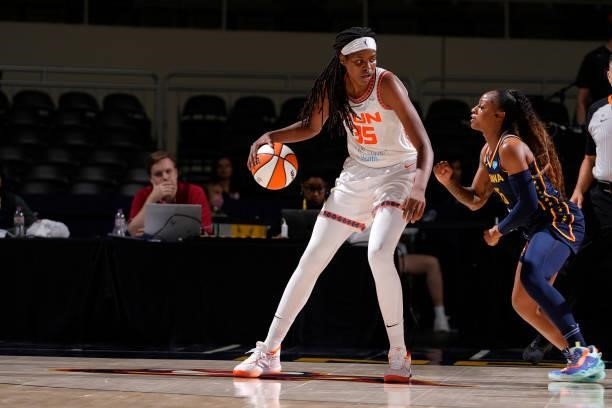 Jonquel Jones of the Connecticut Sun handles the ball against the Indiana Fever on July 3, 2021 at Indiana Farmers Coliseum in Indianapolis, Indiana....