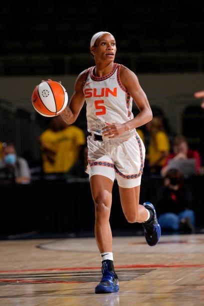 Jasmine Thomas of the Connecticut Sun handles the ball against the Indiana Fever on July 3, 2021 at Indiana Farmers Coliseum in Indianapolis,...