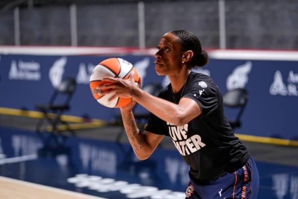 Jasmine Thomas of the Connecticut Sun warms up before the game against the Indiana Fever on July 3, 2021 at Indiana Farmers Coliseum in Indianapolis,...