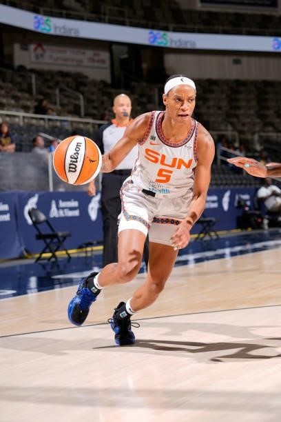 Jasmine Thomas of the Connecticut Sun drives to the basket against the Indiana Fever on July 3, 2021 at Indiana Farmers Coliseum in Indianapolis,...