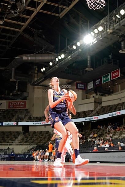 Bernadett Hatar of the Indiana Fever drives to the basket against the Connecticut Sun on July 3, 2021 at Indiana Farmers Coliseum in Indianapolis,...