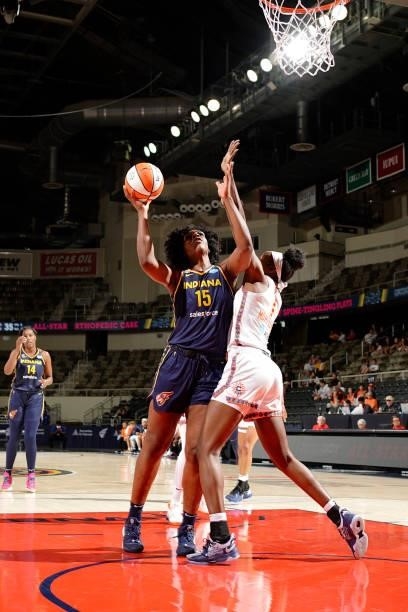 Teaira McCowan of the Indiana Fever shoots the ball against the Connecticut Sun on July 3, 2021 at Indiana Farmers Coliseum in Indianapolis, Indiana....
