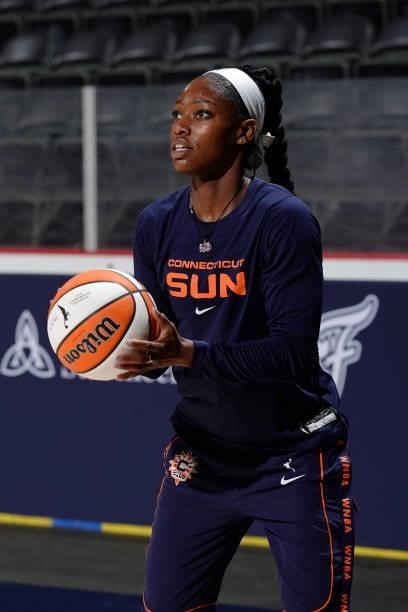 Kaila Charles of the Connecticut Sun warms up before the game against the Indiana Fever on July 3, 2021 at Indiana Farmers Coliseum in Indianapolis,...