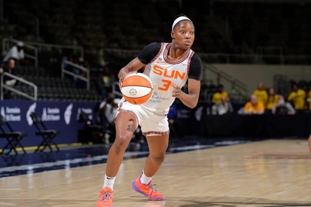 Kaila Charles of the Connecticut Sun drives to the basket against the Indiana Fever on July 3, 2021 at Indiana Farmers Coliseum in Indianapolis,...