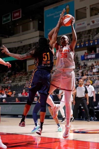 Jonquel Jones of the Connecticut Sun shoots the ball against the Indiana Fever on July 3, 2021 at Indiana Farmers Coliseum in Indianapolis, Indiana....