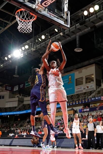 Jonquel Jones of the Connecticut Sun shoots the ball against the Indiana Fever on July 3, 2021 at Indiana Farmers Coliseum in Indianapolis, Indiana....