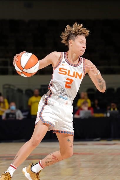 Natisha Hiedeman of the Connecticut Sun handles the ball against the Indiana Fever on July 3, 2021 at Indiana Farmers Coliseum in Indianapolis,...