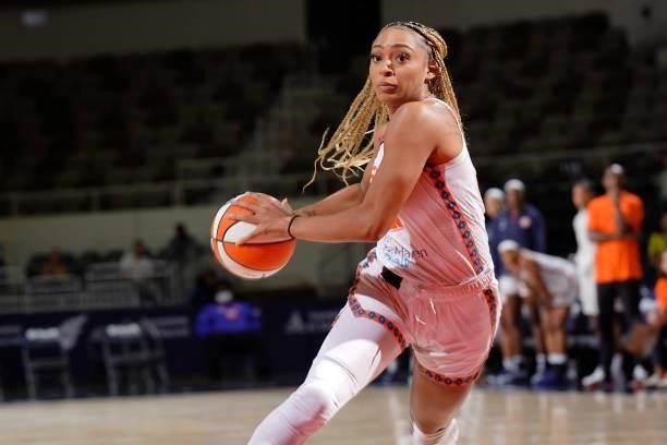 DiJonai Carrington of the Connecticut Sun drives to the basket against the Indiana Fever on July 3, 2021 at Indiana Farmers Coliseum in Indianapolis,...