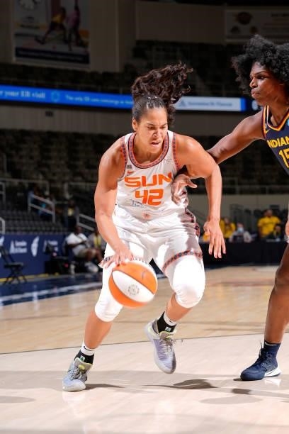 Brionna Jones of the Connecticut Sun drives to the basket against the Indiana Fever on July 3, 2021 at Indiana Farmers Coliseum in Indianapolis,...