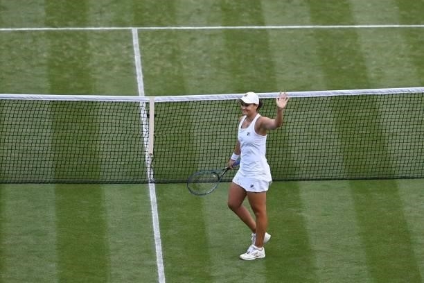 Australia's Ashleigh Barty celebrates after beating Czech Republic's Katerina Siniakova during their women's singles third round match on the sixth...