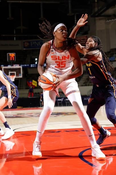 Jonquel Jones of the Connecticut Sun drives to the basket against the Indiana Fever on July 3, 2021 at Indiana Farmers Coliseum in Indianapolis,...