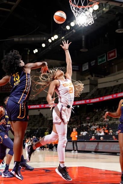 DiJonai Carrington of the Connecticut Sun shoots the ball against the Indiana Fever on July 3, 2021 at Indiana Farmers Coliseum in Indianapolis,...