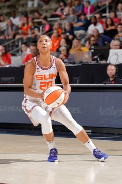 Briann January of the Connecticut Sun looks to shoot the ball against the Indiana Fever on July 3, 2021 at Indiana Farmers Coliseum in Indianapolis,...