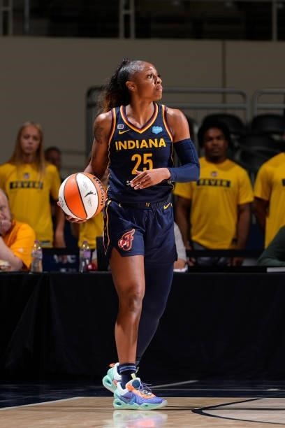 Tiffany Mitchell of the Indiana Fever handles the ball against the Connecticut Sun on July 3, 2021 at Indiana Farmers Coliseum in Indianapolis,...