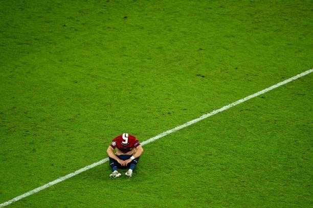 Czech Republic's defender Vladimir Coufal reacts at the end of the UEFA EURO 2020 quarter-final football match between the Czech Republic and Denmark...