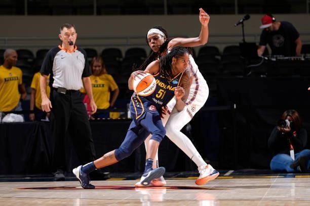 Jessica Breland of the Indiana Fever drives to the basket against the Connecticut Sun on July 3, 2021 at Indiana Farmers Coliseum in Indianapolis,...