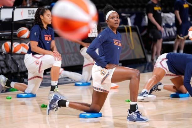 Beatrice Mompremier of the Connecticut Sun stretches before the game against the Indiana Fever on July 3, 2021 at Indiana Farmers Coliseum in...