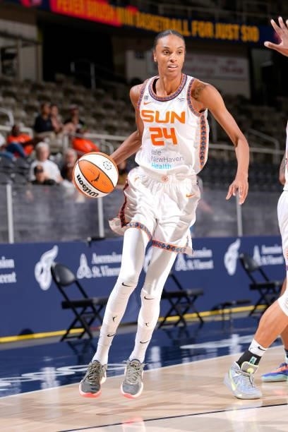 DeWanna Bonner of the Connecticut Sun handles the ball against the Indiana Fever on July 3, 2021 at Indiana Farmers Coliseum in Indianapolis,...