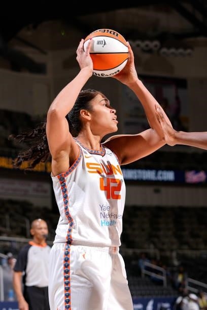 Brionna Jones of the Connecticut Sun looks to pass the ball against the Indiana Fever on July 3, 2021 at Indiana Farmers Coliseum in Indianapolis,...