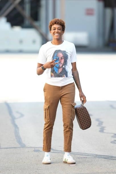 Danielle Robinson of the Indiana Fever arrives to the game against the Connecticut Sun on July 3, 2021 at Indiana Farmers Coliseum in Indianapolis,...