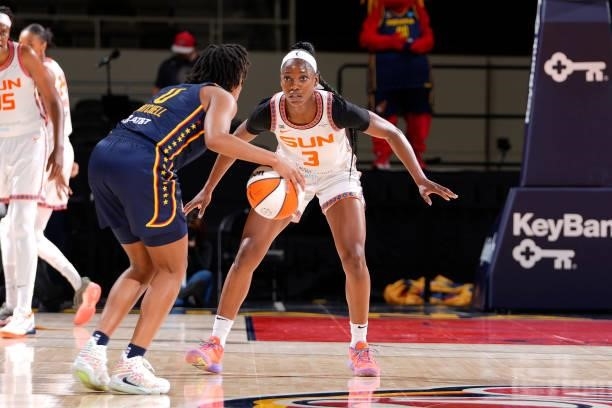 Kaila Charles of the Connecticut Sun plays defense against the Indiana Fever on July 3, 2021 at Indiana Farmers Coliseum in Indianapolis, Indiana....