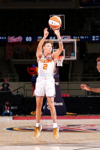 Natisha Hiedeman of the Connecticut Sun shoots a 3-pointer during the game against the Indiana Fever on July 3, 2021 at Indiana Farmers Coliseum in...