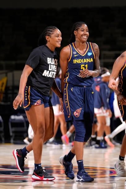 Victoria Vivians and Jessica Breland of the Indiana Fever smile during the game against the Connecticut Sun on July 3, 2021 at Indiana Farmers...