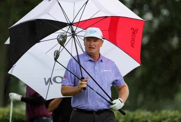 Ernie Els of South Africa walks off the tee box on the second hole during the second round of PGA TOUR Champions DICKS Sporting Goods Open at En-Joie...