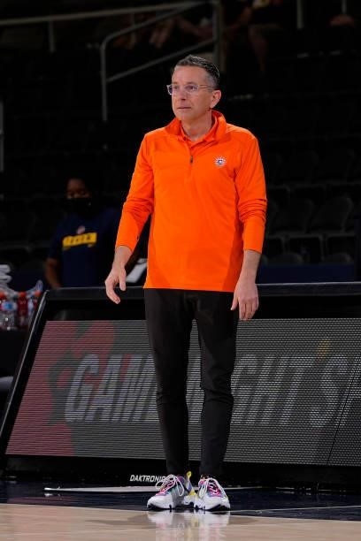 Head Coach, Curt Miller of the Connecticut Sun looks on during the game against the Indiana Fever on July 3, 2021 at Indiana Farmers Coliseum in...