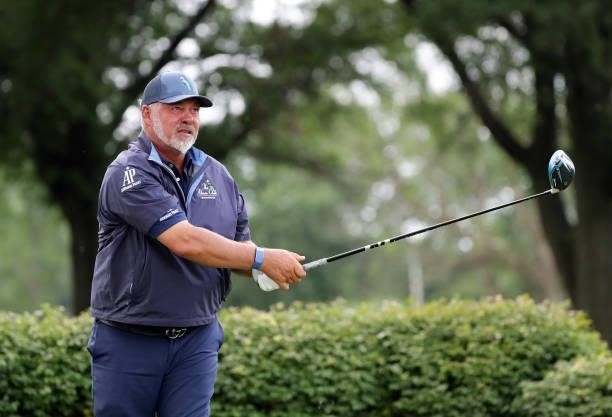 Darren Clarke of England watches his tee shot on the second hole during the second round of PGA TOUR Champions DICKS Sporting Goods Open at En-Joie...