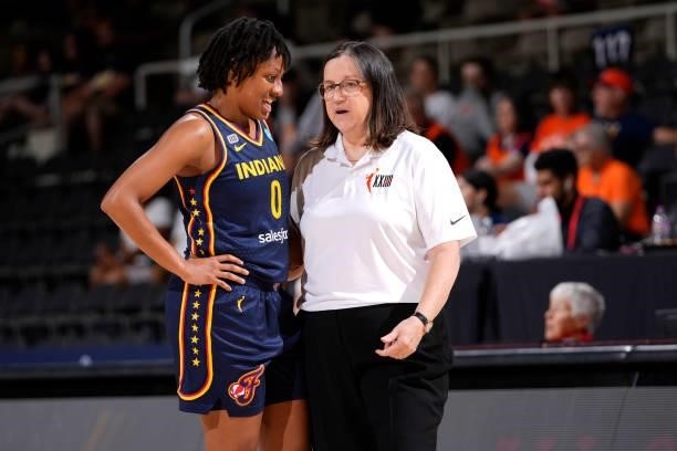 Kelsey Mitchell talks with Head Coach, Marianne Stanley of the Indiana Fever during the game against the Connecticut Sun on July 3, 2021 at Indiana...