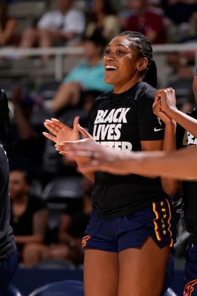 Victoria Vivians of the Indiana Fever reacts to a play during the game against the Connecticut Sun on July 3, 2021 at Indiana Farmers Coliseum in...