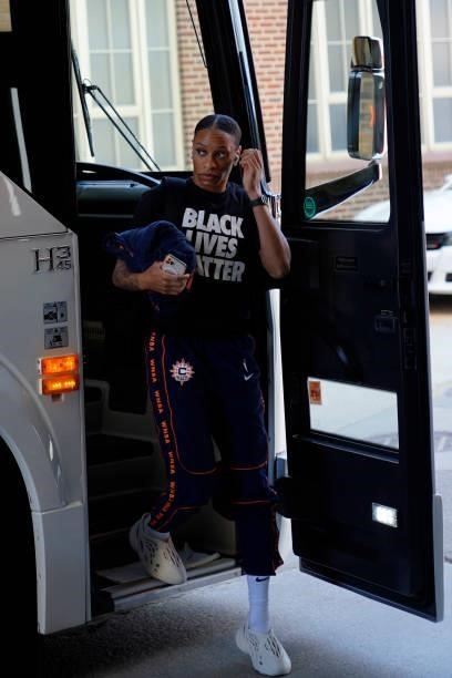 Jasmine Thomas of the Connecticut Sun arrives to the game against the Indiana Fever on July 3, 2021 at Indiana Farmers Coliseum in Indianapolis,...