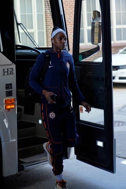Kaila Charles of the Connecticut Sun arrives to the game against the Indiana Fever on July 3, 2021 at Indiana Farmers Coliseum in Indianapolis,...