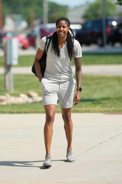 Jessica Breland of the Indiana Fever arrives to the game against the Connecticut Sun on July 3, 2021 at Indiana Farmers Coliseum in Indianapolis,...