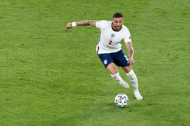 Kyle Walker of England controls the ball during the UEFA Euro 2020 Championship Quarter-final match between Ukraine and England at Olimpico Stadium...