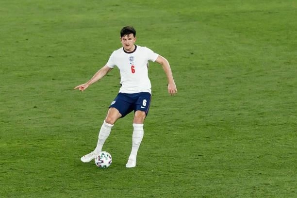 Harry Maguire of England controls the ball during the UEFA Euro 2020 Championship Quarter-final match between Ukraine and England at Olimpico Stadium...
