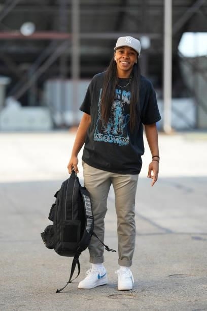Aaliyah Wilson of the Indiana Fever arrives to the game against the Connecticut Sun on July 3, 2021 at Indiana Farmers Coliseum in Indianapolis,...